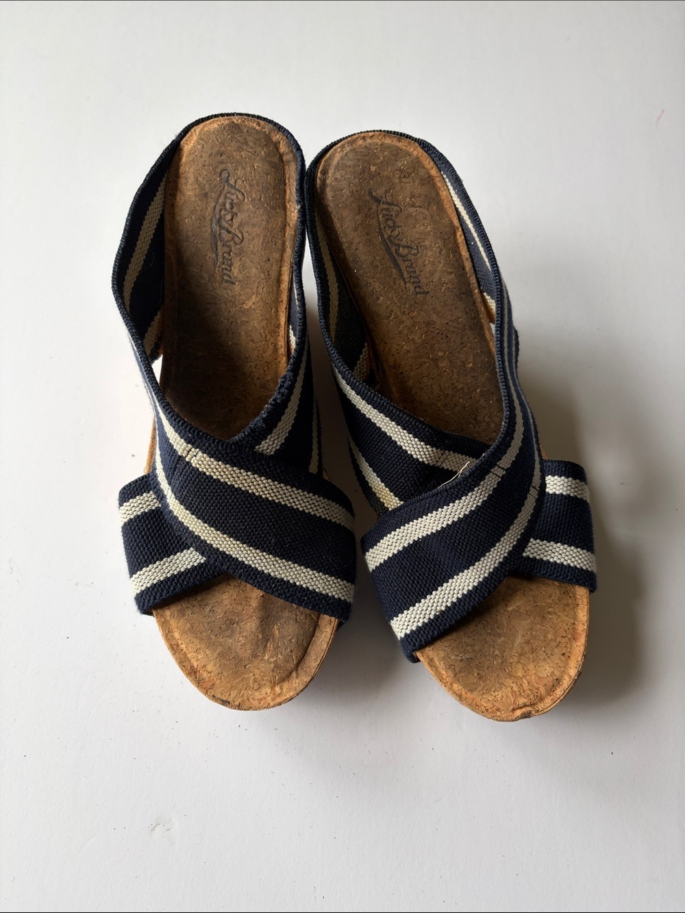 Lucky Brand Navy & Cream Striped Cork Wedge Sandals
